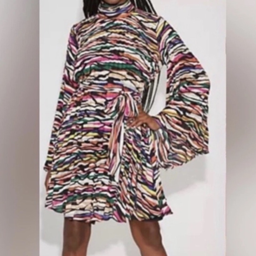 Gabrielle Union & NY & Co.  Print Dress Long Bell Sleeve Pleated Mini‎ Sz M